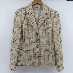 Kasper ASL Vintage Wool Blend Plaid Tweed Blazer Cream Tan Size 10